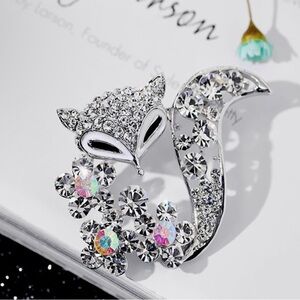 Silver Crystal Fox Brooch with Iridescent Floral Accents